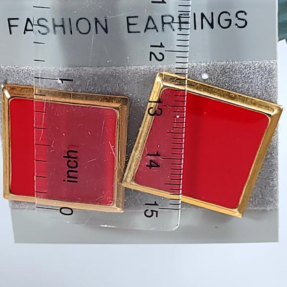Red Square Stud Earrings with Gold Trim, Bold Retro Statement Jewelry for Women - Picture 2 of 10